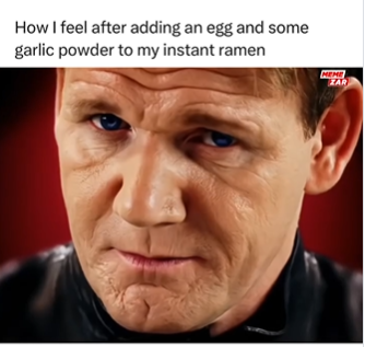 How I feel after adding an egg and some garlic powder to my instant ramen MEME ZAR