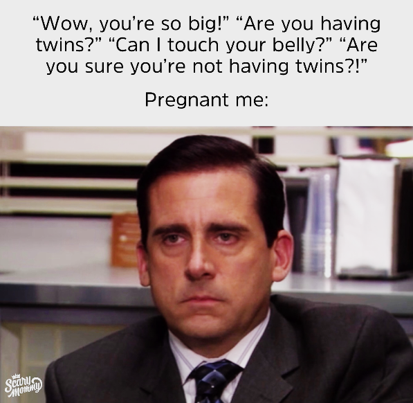 Scary Mommy "Wow, you're so big!” “Are you having twins?" "Can I touch your belly?" "Are you sure you're not having twins?!" Pregnant me:
