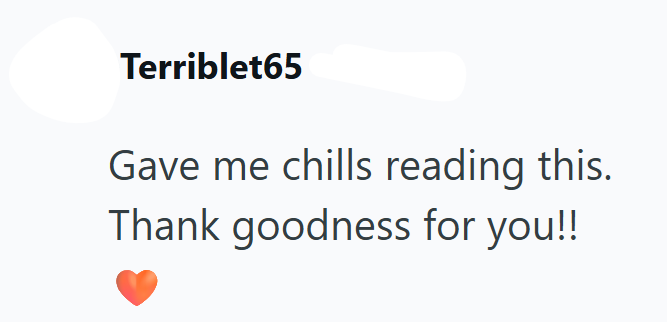 Terriblet65 Gave me chills reading this. Thank goodness for you!!