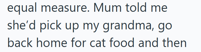 equal measure. Mum told me she'd pick up my grandma, go back home for cat food and then