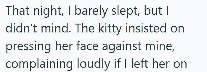 That night, I barely slept, but I didn't mind. The kitty insisted on pressing her face against mine, complaining loudly if I left her on