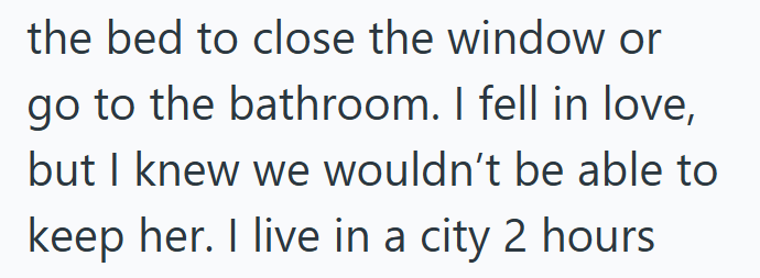 the bed to close the window or go to the bathroom. I fell in love, but I knew we wouldn't be able to keep her. I live in a city 2 hours