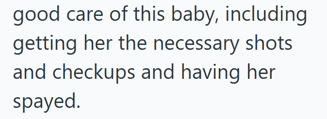 good care of this baby, including getting her the necessary shots. and checkups and having her spayed.