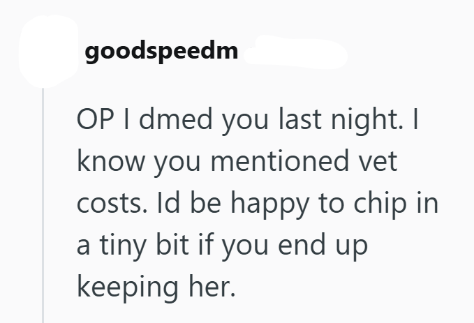 goodspeedm OP I dmed you last night. I know you mentioned vet costs. Id be happy to chip in a tiny bit if you end up keeping her.