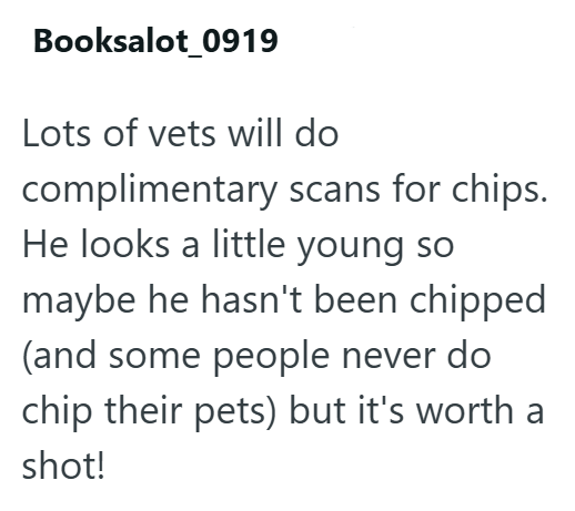 Booksalot 0919 Lots of vets will do complimentary scans for chips. He looks a little young so maybe he hasn't been chipped (and some people never do chip their pets) but it's worth a shot!