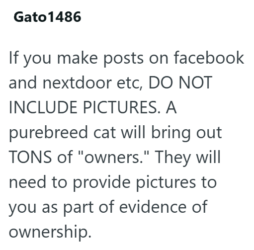 Gato 1486 If you make posts on facebook and nextdoor etc, DO NOT INCLUDE PICTURES. A purebreed cat will bring out TONS of "owners." They will need to provide pictures to you as part of evidence of ownership.