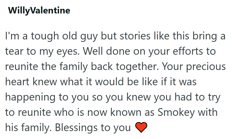 WillyValentine I'm a tough old guy but stories like this bring a tear to my eyes. Well done on your efforts to reunite the family back together. Your precious heart knew what it would be like if it was happening to you so you knew you had to try to reunite who is now known as Smokey with his family. Blessings to you
