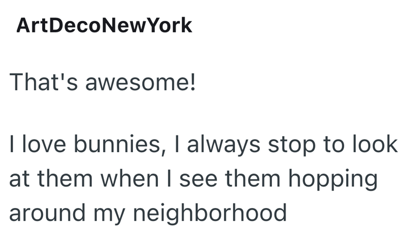 ArtDecoNewYork That's awesome! I love bunnies, I always stop to look at them when I see them hopping around my neighborhood