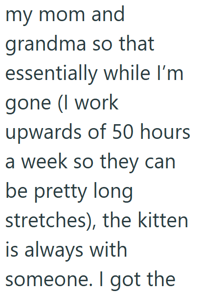 my mom and grandma so that essentially while I'm gone (I work upwards of 50 hours a week so they can be pretty long stretches), the kitten is always with someone. I got the