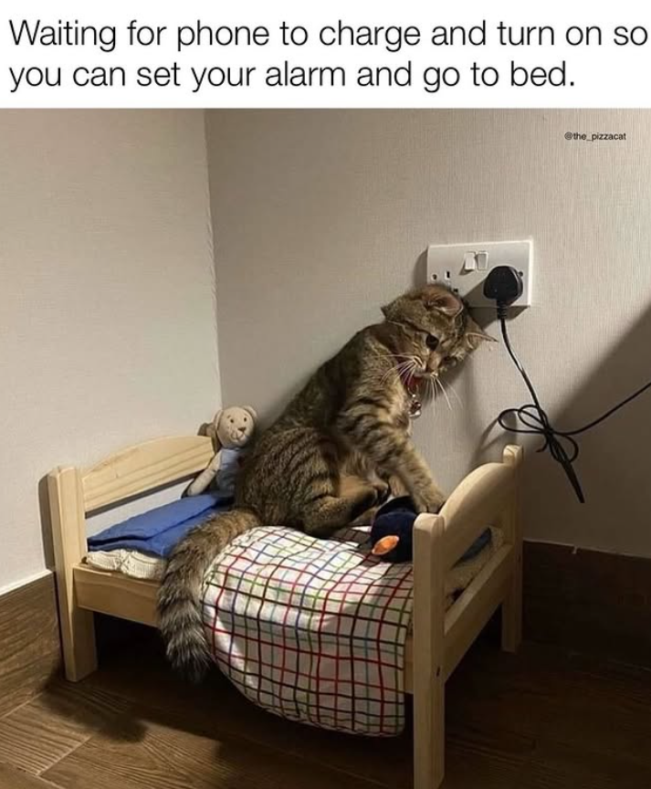 Waiting for phone to charge and turn on so you can set your alarm and go to bed. @the_pizzacat