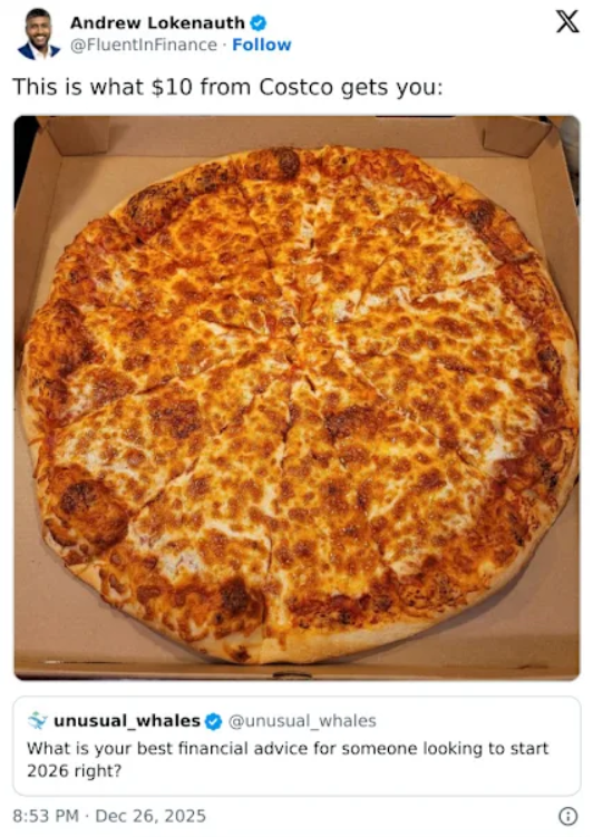 Andrew Lokenauth❤ @FluentinFinance Follow This is what $10 from Costco gets you: X unusual_whales@unusual_whales What is your best financial advice for someone looking to start 2026 right? 8:53 PM Dec 26, 2025