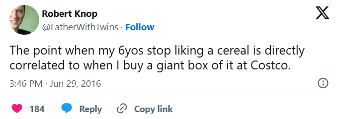 Robert Knop @FatherWithTwins. Follow The point when my 6yos stop liking a cereal is directly correlated to when I buy a giant box of it at Costco. 3:46 PM - Jun 29, 2016 184 Reply ✰ Copy link X