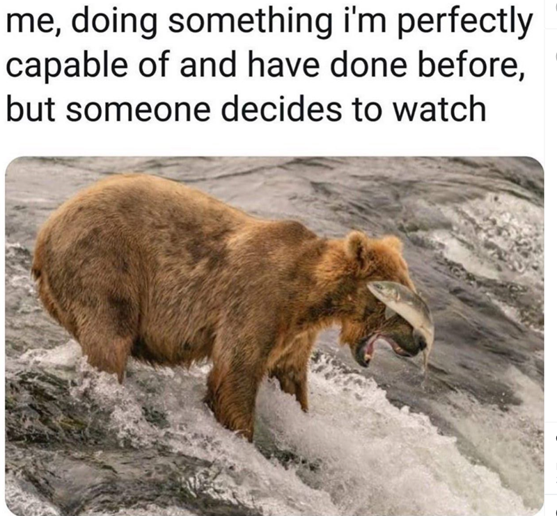 me, doing something i'm perfectly capable of and have done before, but someone decides to watch