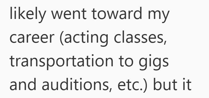 likely went toward my career (acting classes, transportation to gigs and auditions, etc.) but it