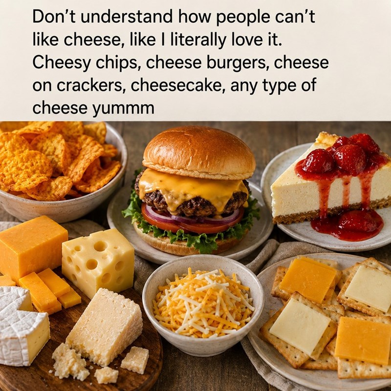 Don't understand how people can't like cheese, like I literally love it. Cheesy chips, cheese burgers, cheese on crackers, cheesecake, any type of cheese yummm
