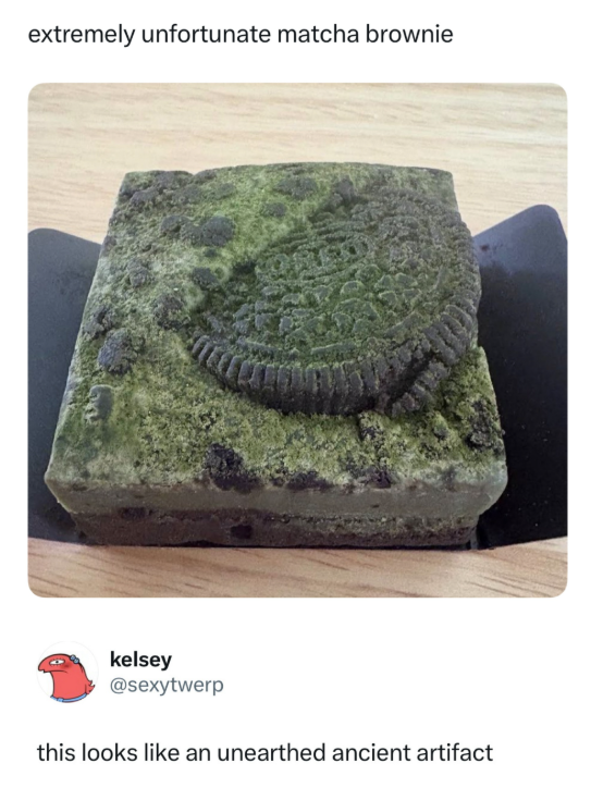 extremely unfortunate matcha brownie kelsey @sexytwerp this looks like an unearthed ancient artifact