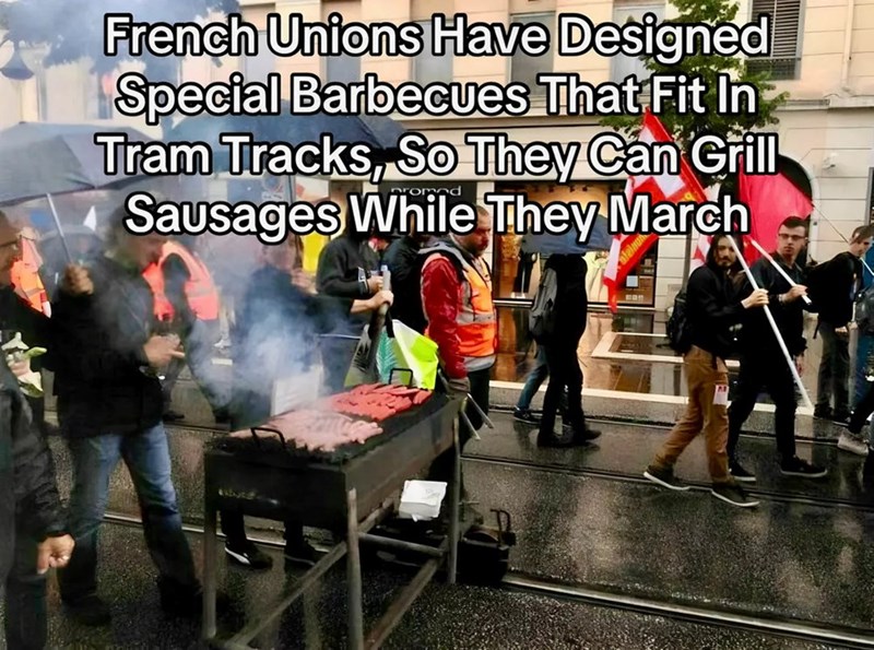French Unions Have Designed Special Barbecues That Fit In Tram Tracks, So They Can Grill Sausages While They March