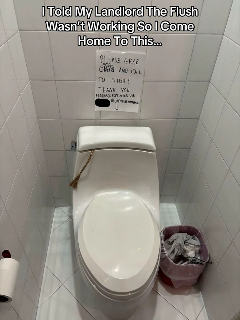 I Told My Landlord The Flush Wasn't Working So I Come Home To This... PLEASE GRAB ROPE CHAIN AND PULL TO FLUSH ! THANK YOU FEEDBACK ROPE AFTER USE HOUSEHOLD MANGEET