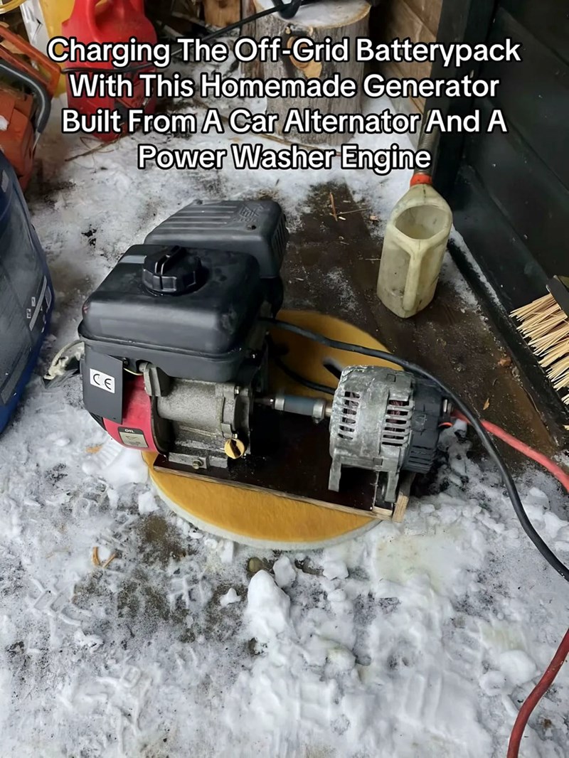 Charging The Off-Grid Batterypack With This Homemade Generator Built From A Car Alternator And A Power Washer Engine CE