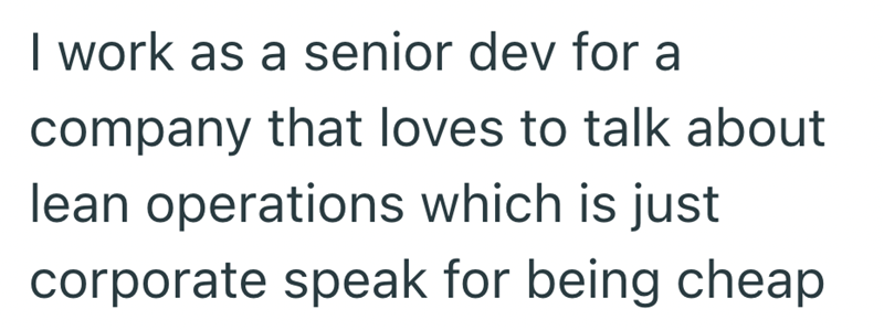 I work as a senior dev for a company that loves to talk about lean operations which is just corporate speak for being cheap