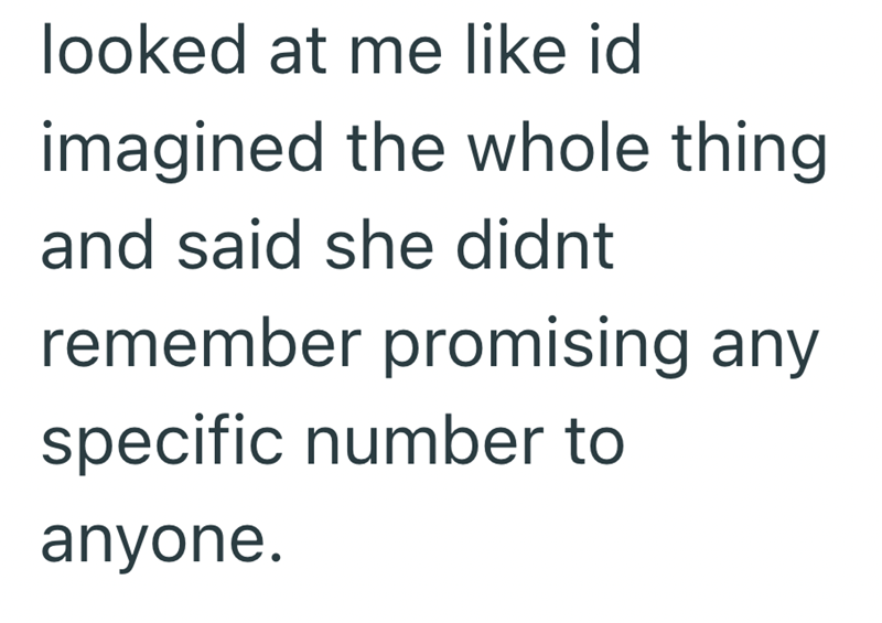 looked at me like id imagined the whole thing and said she didnt remember promising any specific number to anyone.