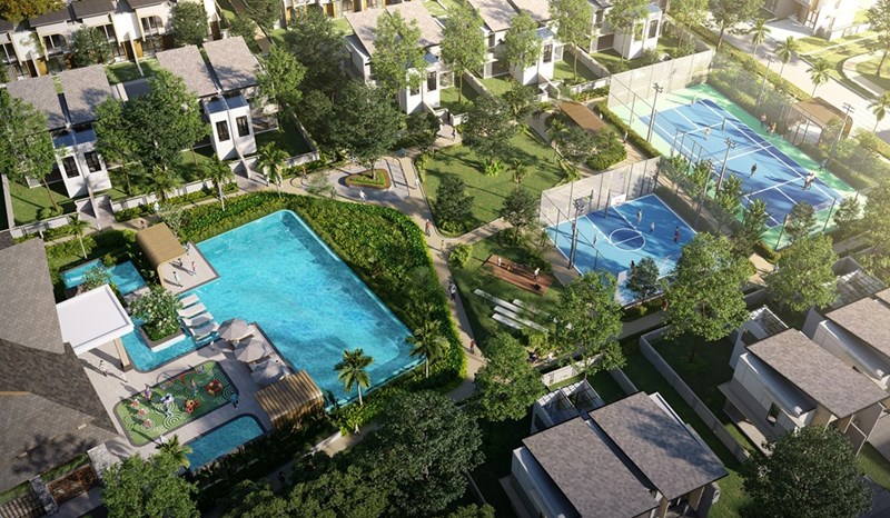 Community pool and other amenities in an HOA community, as displayed in a depiction.