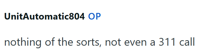 UnitAutomatic804 OP nothing of the sorts, not even a 311 call