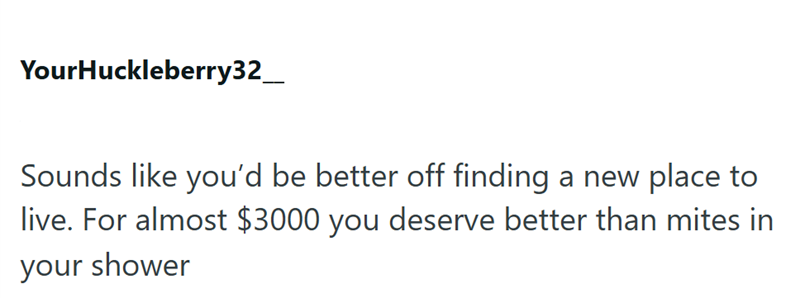 YourHuckleberry32_ Sounds like you'd be better off finding a new place to live. For almost $3000 you deserve better than mites in your shower