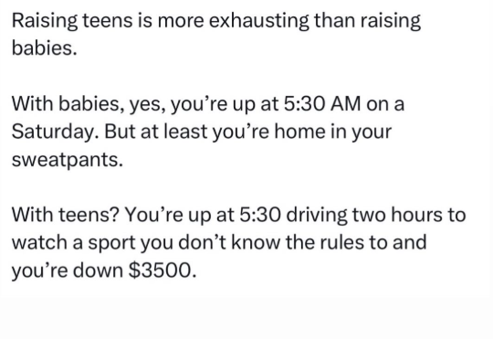 Raising teens is more exhausting than raising babies. With babies, yes, you're up at 5:30 AM on a Saturday. But at least you're home in your sweatpants. With teens? You're up at 5:30 driving two hours to watch a sport you don't know the rules to and you're down $3500.
