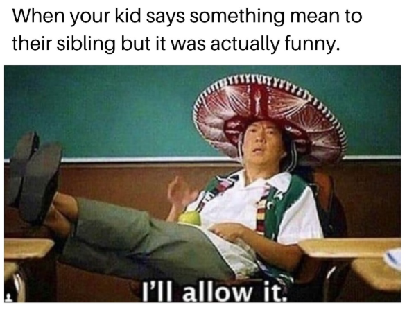 When your kid says something mean to their sibling but it was actually funny. I'll allow it.