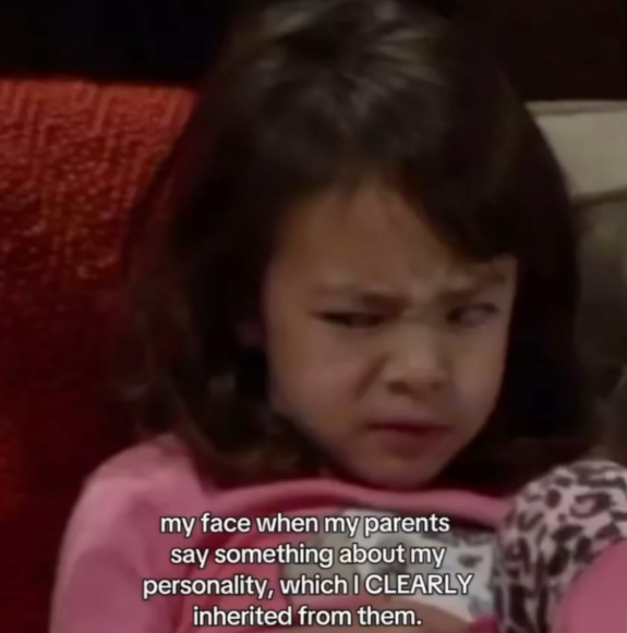 my face when my parents say something about my personality, which I CLEARLY inherited from them.