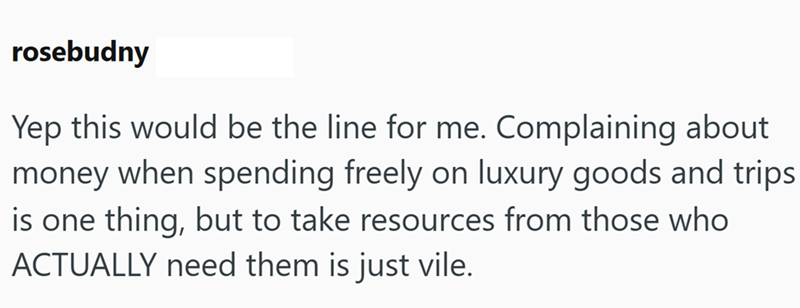 rosebudny Yep this would be the line for me. Complaining about money when spending freely on luxury goods and trips is one thing, but to take resources from those who ACTUALLY need them is just vile.