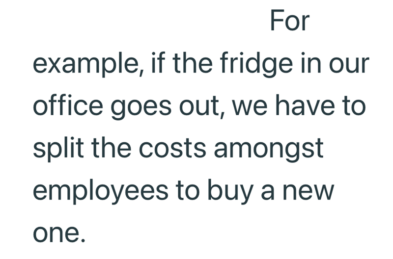For example, if the fridge in our office goes out, we have to split the costs amongst employees to buy a new one.