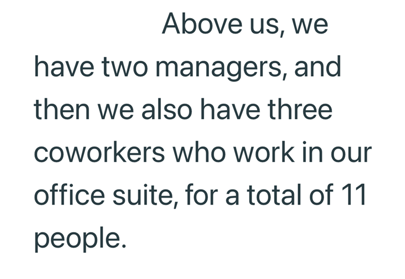 Above us, we have two managers, and then we also have three coworkers who work in our office suite, for a total of 11 people.
