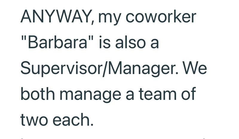 ANYWAY, my coworker "Barbara" is also a Supervisor/Manager. We both manage a team of two each.