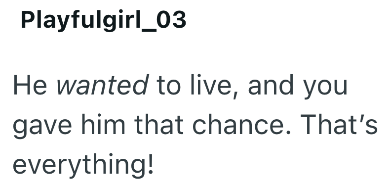 Playfulgirl_03 He wanted to live, and you gave him that chance. That's everything!