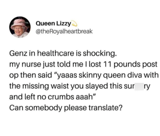 Queen Lizzy @theRoyalheartbreak Genz in healthcare is shocking. my nurse just told me I lost 11 pounds post op then said "yaaas skinny queen diva with the missing waist you slayed this sur ry and left no crumbs aaah" Can somebody please translate?