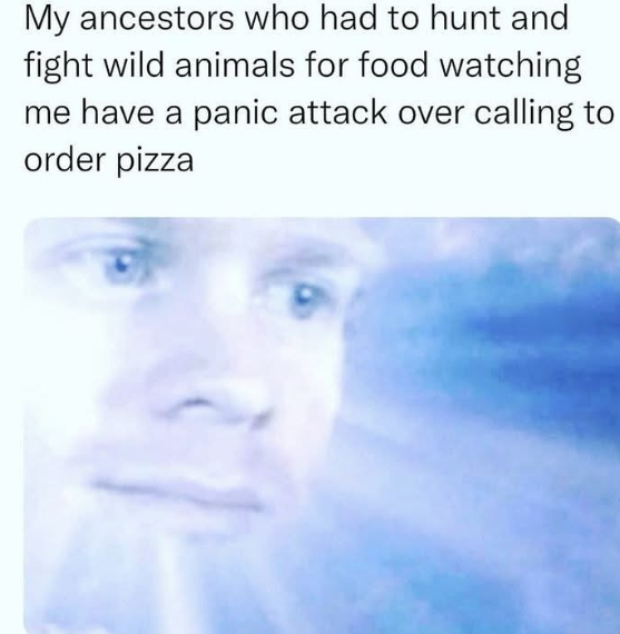 My ancestors who had to hunt and fight wild animals for food watching me have a panic attack over calling to order pizza