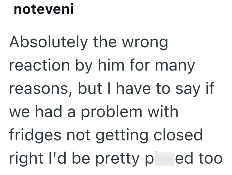 noteveni Absolutely the wrong reaction by him for many reasons, but I have to say if we had a problem with fridges not getting closed right I'd be pretty p ed too