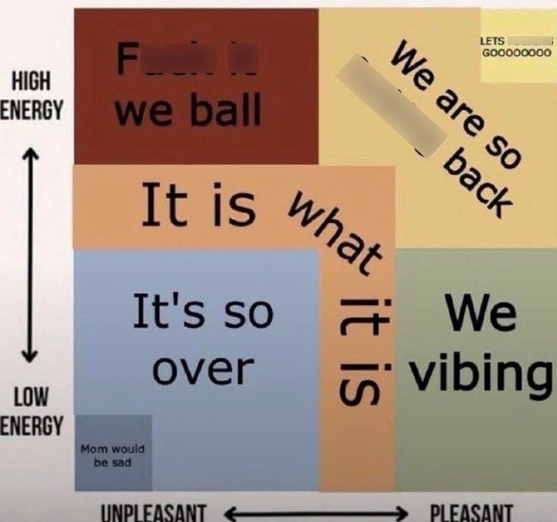HIGH ENERGY FOLD NO we ball It is LETS G00000000 We are so back what It's so over LOW ENERGY Mom would be sad UNPLEASANT it is We vibing PLEASANT