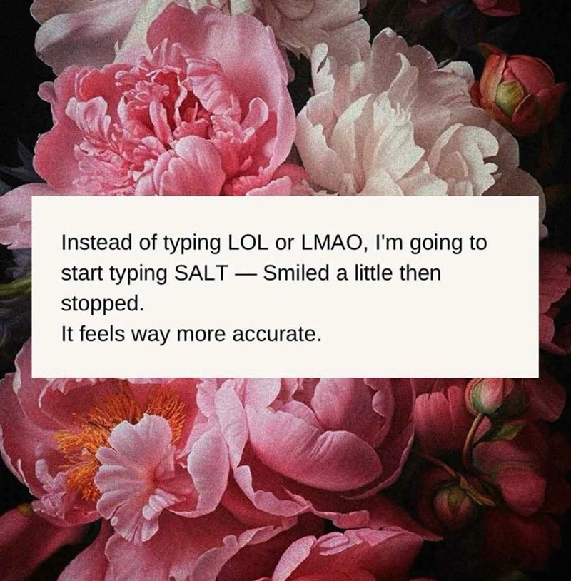 Instead of typing LOL or LMAO, I'm going to start typing SALT - Smiled a little then stopped. It feels way more accurate.