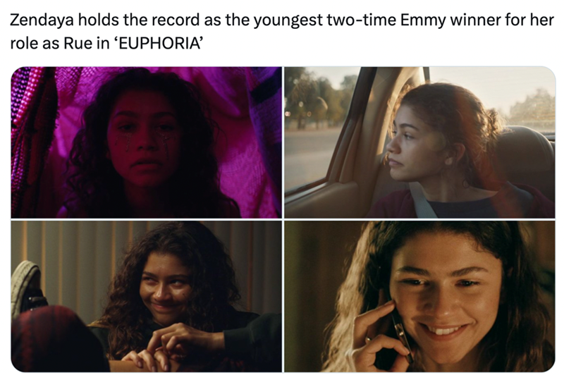 Zendaya holds the record as the youngest two-time Emmy winner for her role as Rue in 'EUPHORIA'