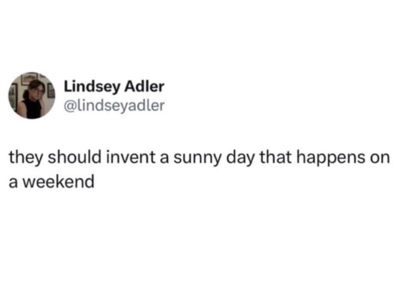 Lindsey Adler @lindseyadler they should invent a sunny day that happens. a weekend
