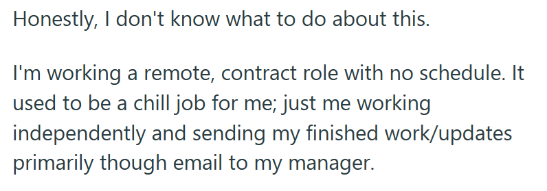 Honestly, I don't know what to do about this. I'm working a remote, contract role with no schedule. It used to be a chill job for me; just me working independently and sending my finished work/updates primarily though email to my manager.