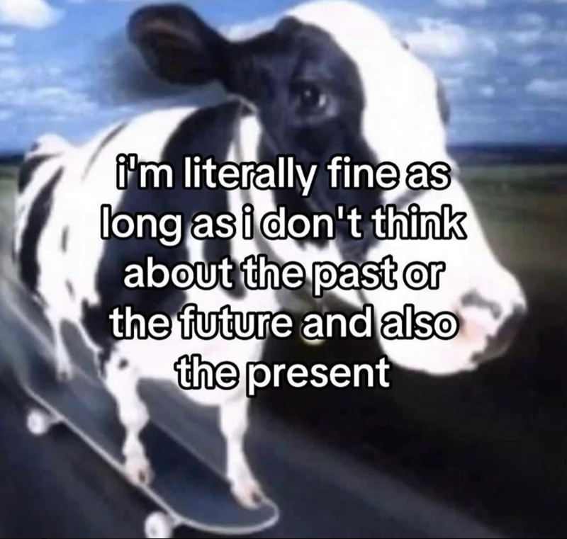 i'm literally fine as long as i don't think about the past or the future and also the present