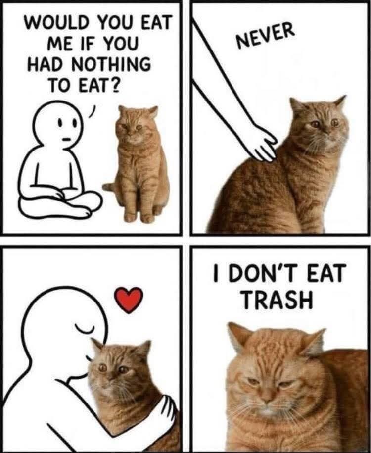 WOULD YOU EAT ME IF YOU HAD NOTHING TO EAT? NEVER I DON'T EAT TRASH