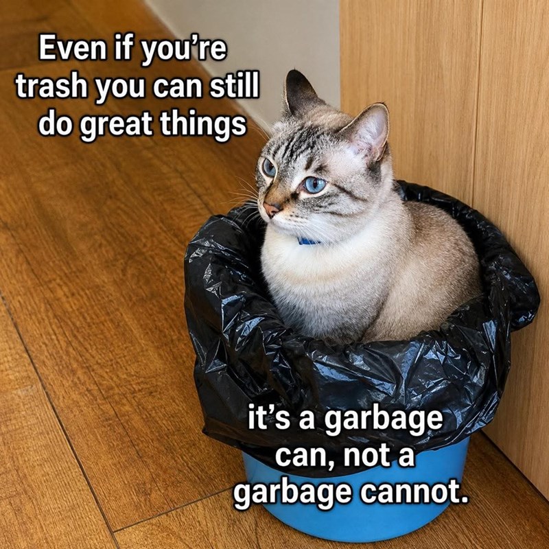 Even if you're trash you can still do great things it's a garbage can, not a garbage cannot.