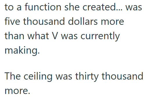 to a function she created... was five thousand dollars more than what V was currently making. The ceiling was thirty thousand more.
