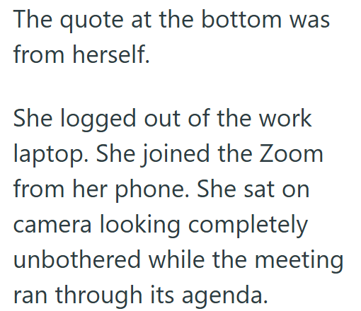 The quote at the bottom was from herself. She logged out of the work laptop. She joined the Zoom from her phone. She sat on camera looking completely unbothered while the meeting ran through its agenda.