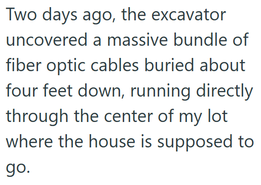 Two days ago, the excavator uncovered a massive bundle of fiber optic cables buried about four feet down, running directly through the center of my lot where the house is supposed to go.
